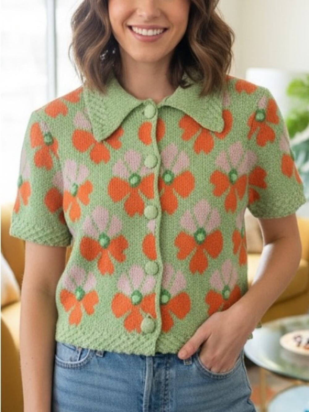Industry Republic NWT Green Floral Knit Button-Front Cropped Sweater Top  Small